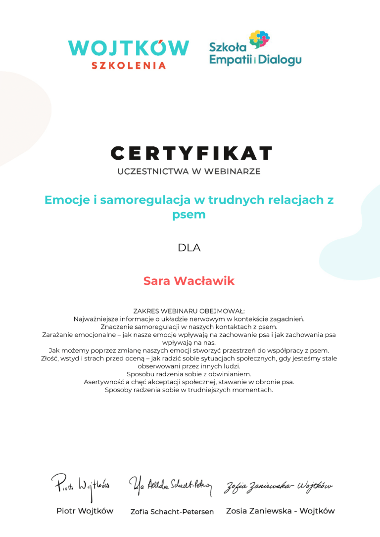 Sara-Waclawik-Emocje-i-samoregulacja-w-trudnych-relacjach-z-psem-Certyfikat-webinar-z-gosciem-Wojtkow-Szkolenia-1