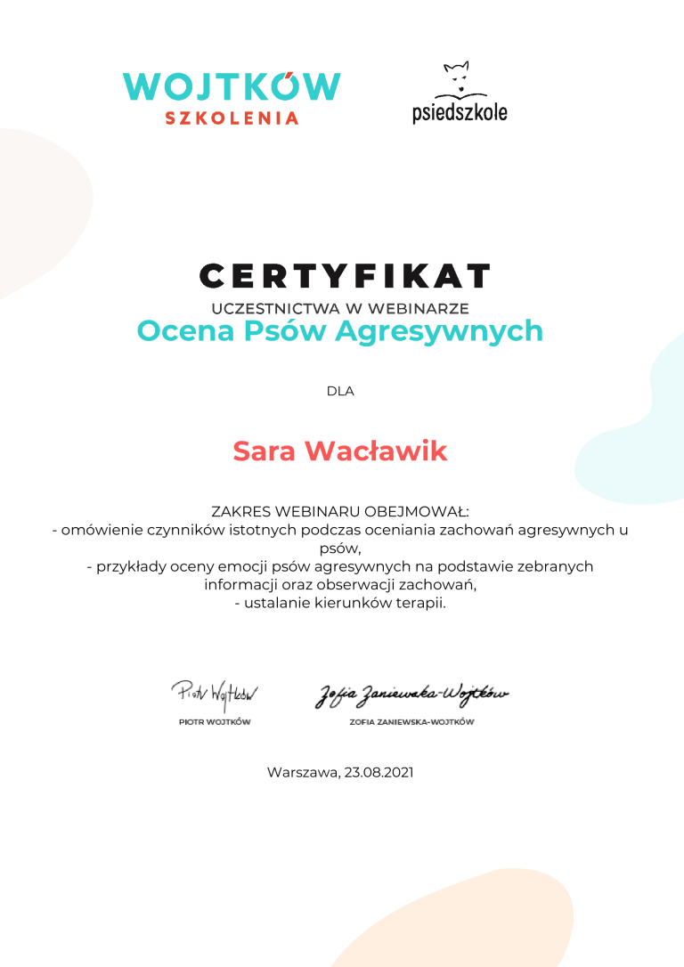 Sara-Waclawik-Ocena-Psow-Agresywnych-Certyfikat-uczestnictwa-webinary-Wojtkow-Szkolenia-1