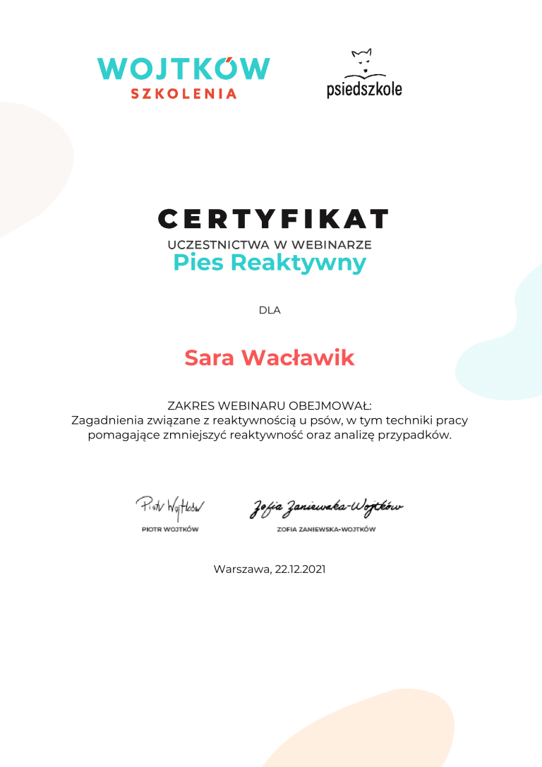 Sara-Waclawik-Pies-Reaktywny-Certyfikat-uczestnictwa-webinary-Wojtkow-Szkolenia-1