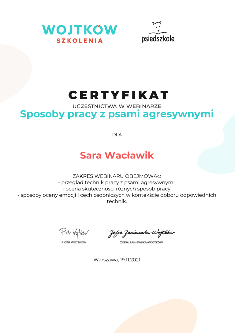 Sara-Waclawik-Sposoby-pracy-z-psami-agresywnymi-Certyfikat-uczestnictwa-webinary-Wojtkow-Szkolenia-1
