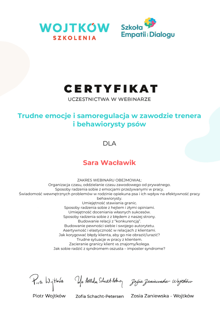 Sara-Waclawik-Trudne-emocje-i-samoregulacja-w-zawodzie-trenera-i-behawiorysty-psow-Certyfikat-webinar-z-gosciem-Wojtkow-Szkolenia-1
