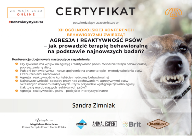 Certyfikat - konferecja behawioryzmu