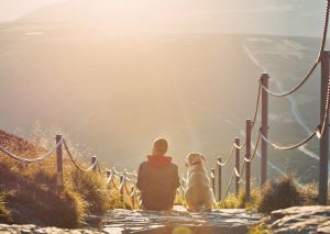 człowiek i pies w górach zachód słońca